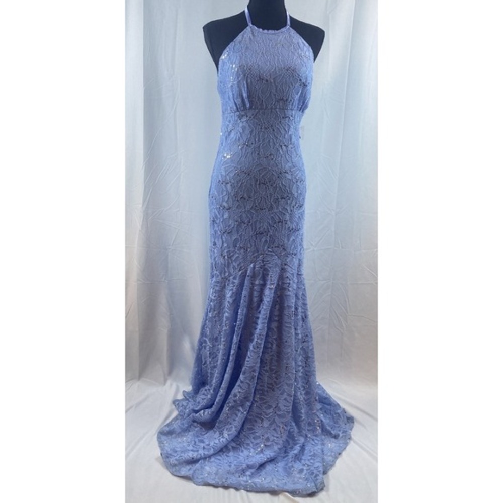 New B Darlin Coneflower Blue Silver Sequin Long Strappy Dress Juniors Size 11/12